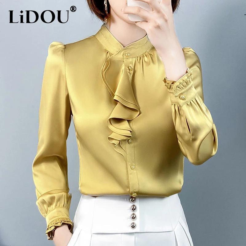 Spring Autumn Stand Collar Elegant Fashion Ruffles Temperament Satin Shirt Ladies Long Sleeve All-match Buttons Blouse Top Women
Spring Autumn Stand Collar Elegant Fashion Ruffles Temperament Satin Shirt Ladies Long Sleeve All-match Buttons Blouse Top Women