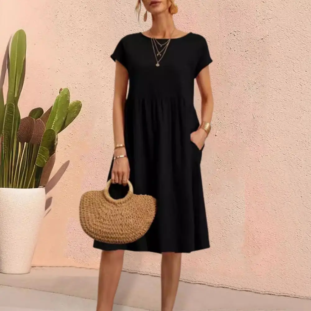 

Summer Women's Dress Round Neck A-line Pleated Short-sleeved Solid Color Knee-length Loose Hem Casual Daily Vacation Beach Dress