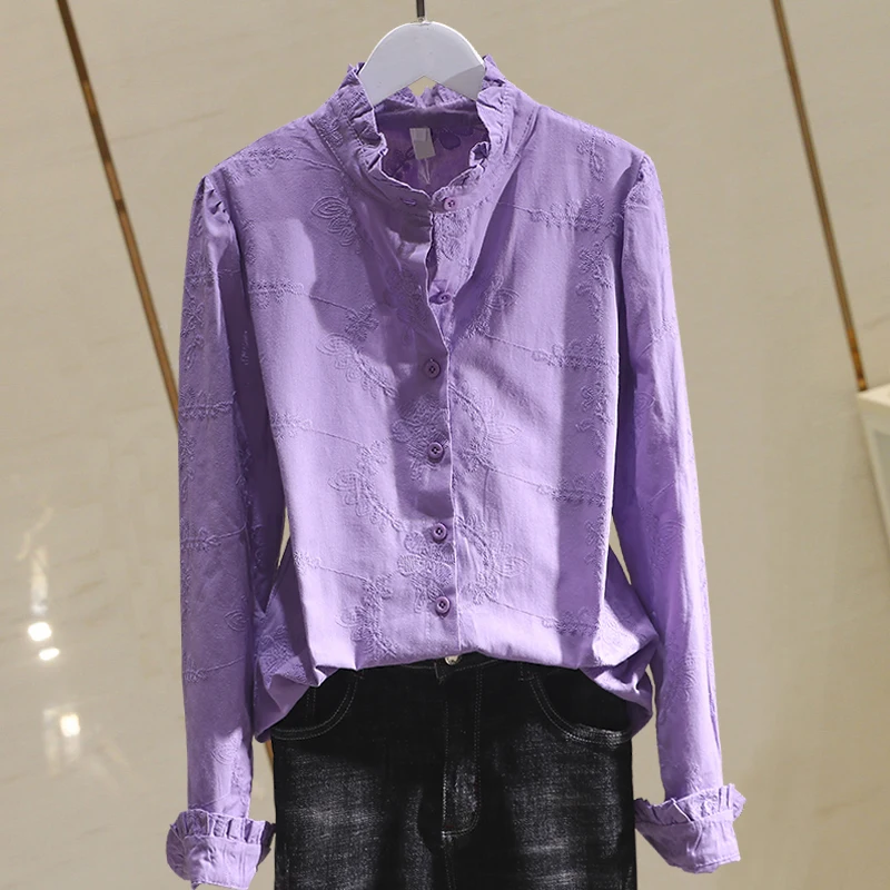Vintage Embroidery Purple Women Shirts Summer Vintage Ruffles Long-Sleeved Elegant Female Outwear Top Quality
Vintage Embroidery Purple Women Shirts Summer Vintage Ruffles Long-Sleeved Elegant Female Outwear Top Quality