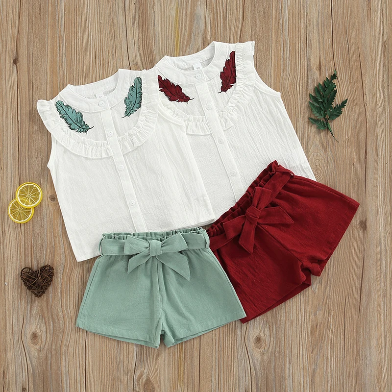 Baby Girls Summer Casual Outfit, O-Neck Sleeveless Ruffed Feather Shirt and Solid Color Wide-leg Shorts with Waistband, 18M-7Y
Baby Girls Summer Casual Outfit, O-Neck Sleeveless Ruffed Feather Shirt and Solid Color Wide-leg Shorts with Waistband, 18M-7Y