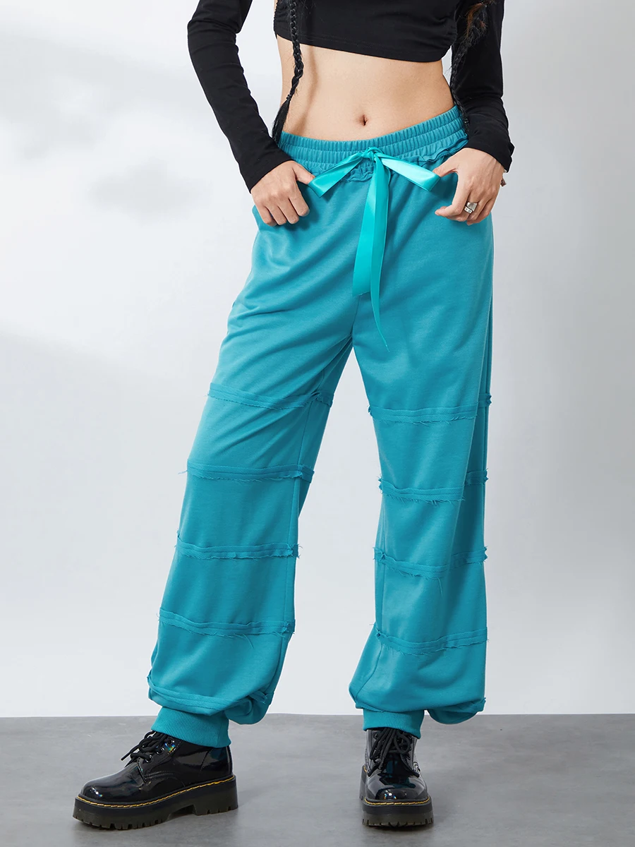 

Women s Jogger Pants Raw Hem Drawstring Ribbon Bowknot Elastic Waist Solid Color Loose Sweatpants Cinched Lounge Pants