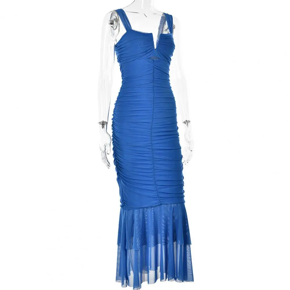 

Layered Ruffle Dress Stunning Evening Dress Elegant Pleated Sheath with Low-cut Neckline Slim Fit Ankle Length for Proms