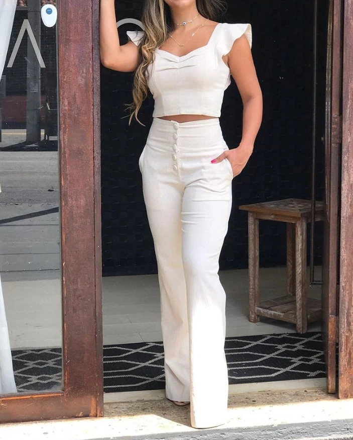

Women Casual Two Piece Outfit Sweetheart Neck Flutter Short Sleeve Zip Back Vest Top and Buttoned High Waist Straight Pants Set