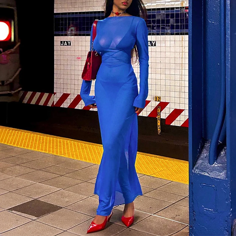 OMSJ New Arrival Blue Casual Mesh Cover Up Maxi Dress For Women Perspective Long Sleeve Round Neck Party Charming Straight Dress
OMSJ New Arrival Blue Casual Mesh Cover Up Maxi Dress For Women Perspective Long Sleeve Round Neck Party Charming Straight Dress