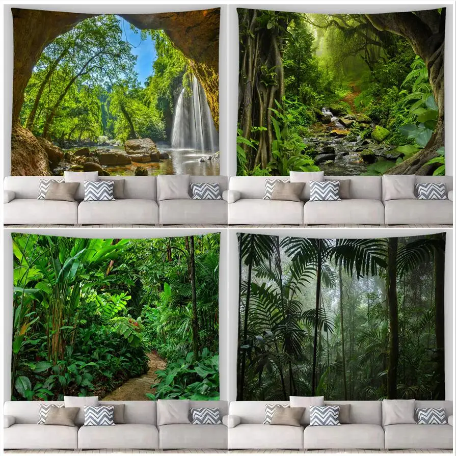 

Nature Landscape Tapestry Forest Cave Waterfall Tropical Plant Rainforest Scenery Wall Hanging Home Living Room Decor Tapestries