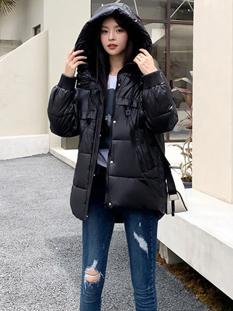 

Down Cotton Coat Women Thick Warmth Hooded Parka Jacket2023 Autumn Winter New Fashion Korean Black Loose Coat Clothing Feminina