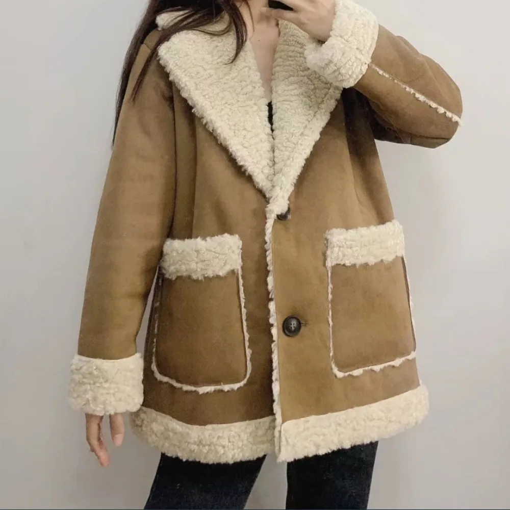 

2023 Autumn Winter Women Warm Faux Fur Fleece Coat Jacket Ladies Lamb Wool Thickened Locomotive Lapel Female Chic Outwear
