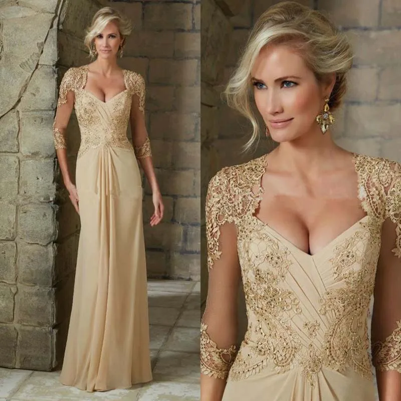 2021 Gorgeous Champagne Chiffon Lace Plunge Neckline Mother of the Bride Dresses With 3/4 Sleeves Wedding Party Gowns Back Out
2021 Gorgeous Champagne Chiffon Lace Plunge Neckline Mother of the Bride Dresses With 3/4 Sleeves Wedding Party Gowns Back Out