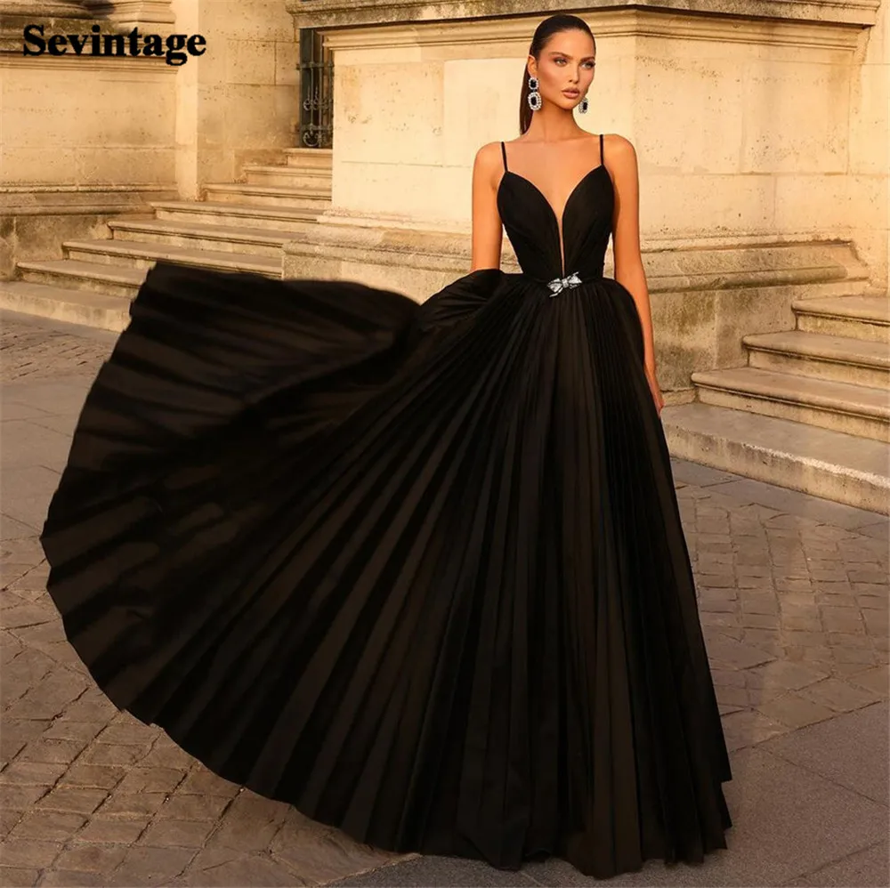 

Sevintage Elegant Black A-Line Satin Prom Dress Spaghetti Strap Sleeveless Floor Length Sheath Evening Dress vestido de gala