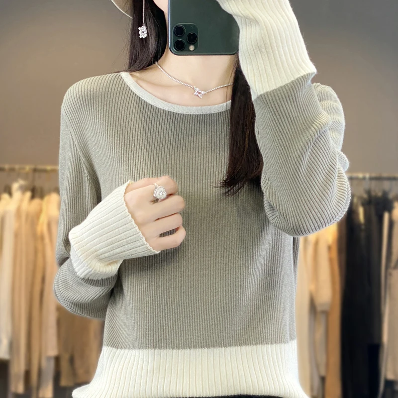 Women's sweater autumn/winter 100% pure wool pullover casual stitching knitted Blouse round neck slim Tops versatile bottoming
Women's sweater autumn/winter 100% pure wool pullover casual stitching knitted Blouse round neck slim Tops versatile bottoming