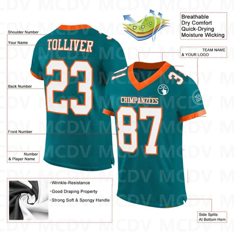 Custom Teal White-Orange Football Jersey Short Sleeves Athletic Tee Shirts Unisex Top streetwear
Custom Teal White-Orange Football Jersey Short Sleeves Athletic Tee Shirts Unisex Top streetwear