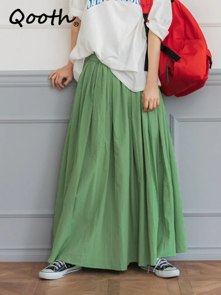 

Повседневная Женская юбка Qooth 7 цветов, хлопковая трапециевидная юбка, свободная эластичная талия, однотонная длинная юбка для весны и лета, QT2057