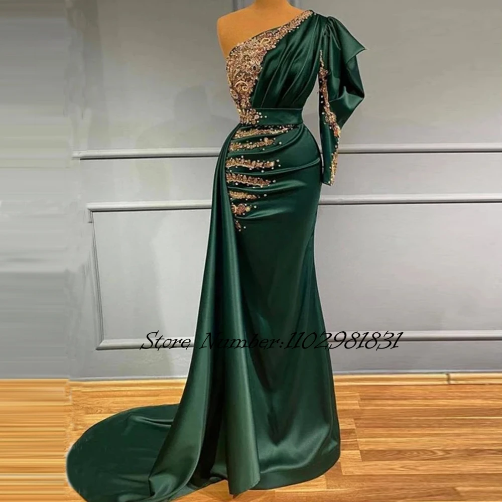 Luxury Green Evening Dresses Dubai Arab Gold Applique Satin Formal Party Gownes Mermaid Women's Robe With One Shoulder Sleeve
Luxury Green Evening Dresses Dubai Arab Gold Applique Satin Formal Party Gownes Mermaid Women's Robe With One Shoulder Sleeve