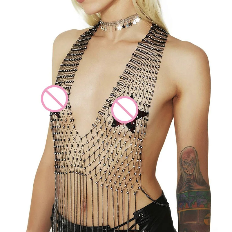 

Wind Women's Top Sexy Fishing Rhinestone Tassel SuSpender Vest Nightclub Allure Hollowed Out Net Clothing