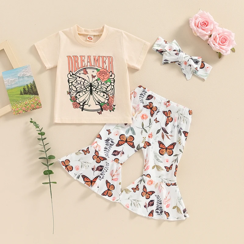 

2024-03-07 Lioraitiin 0-24M Kids Girls Summer Outfits Butterfly Print Short Sleeve T-Shirt and Flare Pants Headbands Set Clothes