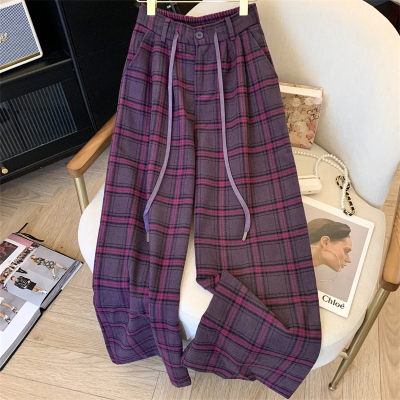

Women's Grid Pattern High Waisted Pants Chic Retro Style Young Girl Wide-leg Bottoms Female Casual Straight Trousers