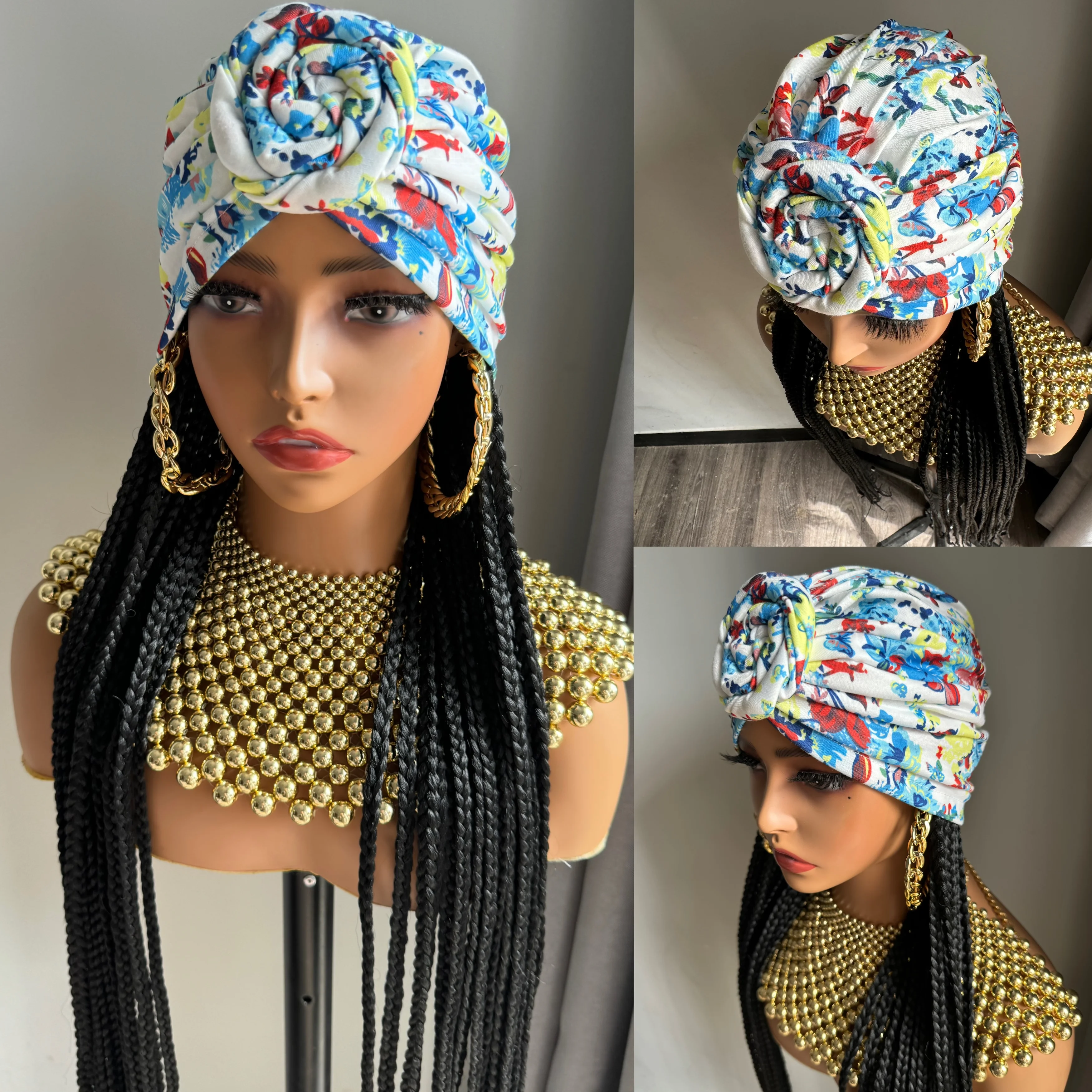 

Extra long Black Box Braided Synthetic Headband Wig With Turban Black Braiding Hair Extensions Hairstyle Wigs For Black Women