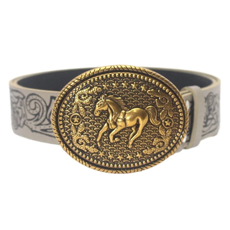 

Vintage Horse Pattern Buckle Waist Belt Western Cowboy Cowgirl Floral Engraved PU Faux Leather Waistband for Women Jeans