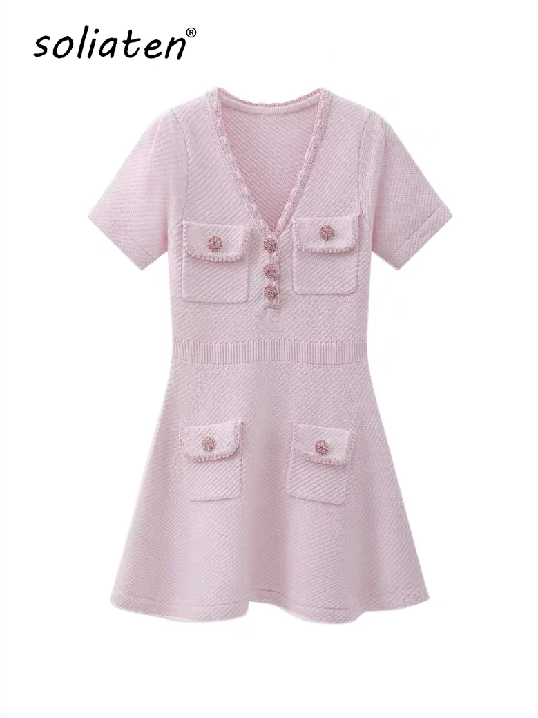 Women Knit Short Sleeve Pink Dress For Women Vintage V Neck Four Pocket Loose Dresses Diamonds Button Mini Vestidos C-070
Women Knit Short Sleeve Pink Dress For Women Vintage V Neck Four Pocket Loose Dresses Diamonds Button Mini Vestidos C-070