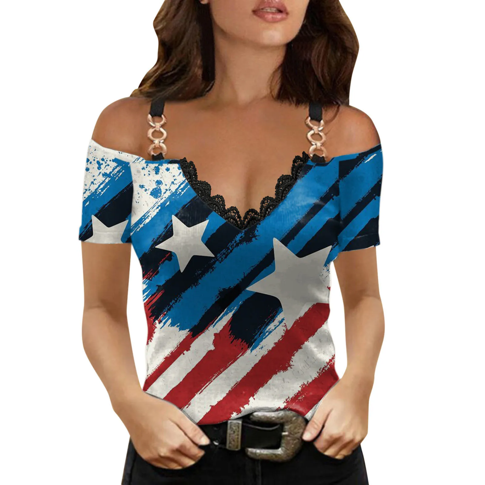 Summer Sexy Short Sleeve Off Shoulder V-Neck Women T-Shirts Ladies Independence Day Print Street Top Female Casual Loose T-Shirt
Summer Sexy Short Sleeve Off Shoulder V-Neck Women T-Shirts Ladies Independence Day Print Street Top Female Casual Loose T-Shirt