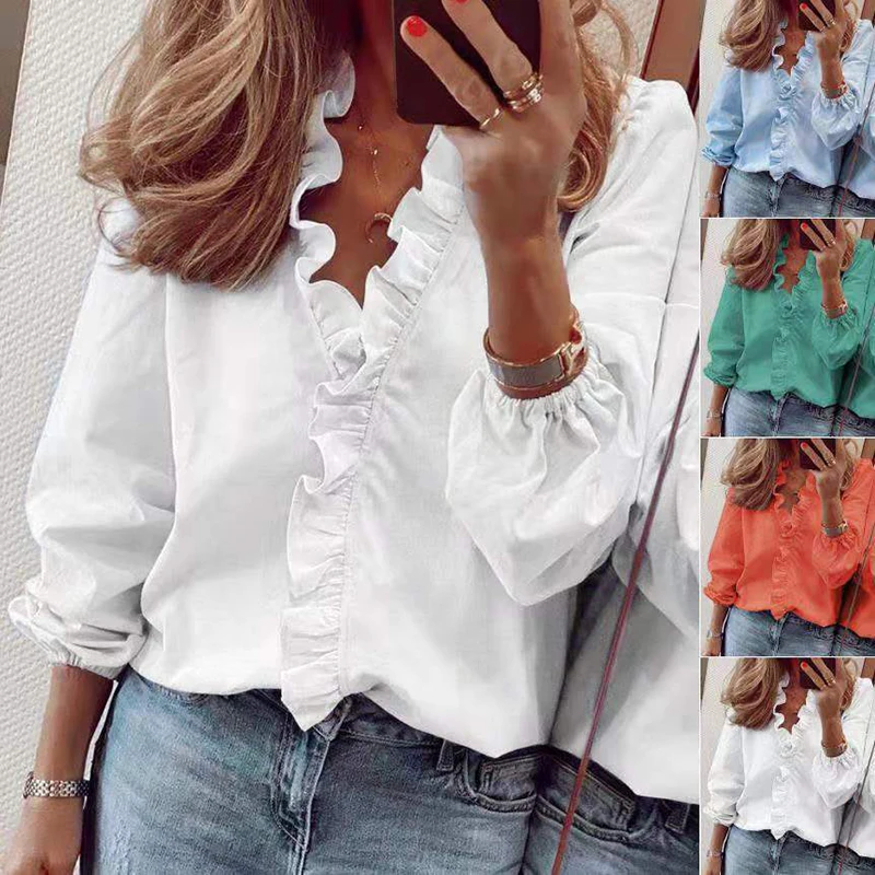 2022 Spring Elegant Ruffles Women Shirt Blouses Casual V Neck Office Long Sleeve Loose Female Tunic White Business Shirt Women
2022 Spring Elegant Ruffles Women Shirt Blouses Casual V Neck Office Long Sleeve Loose Female Tunic White Business Shirt Women