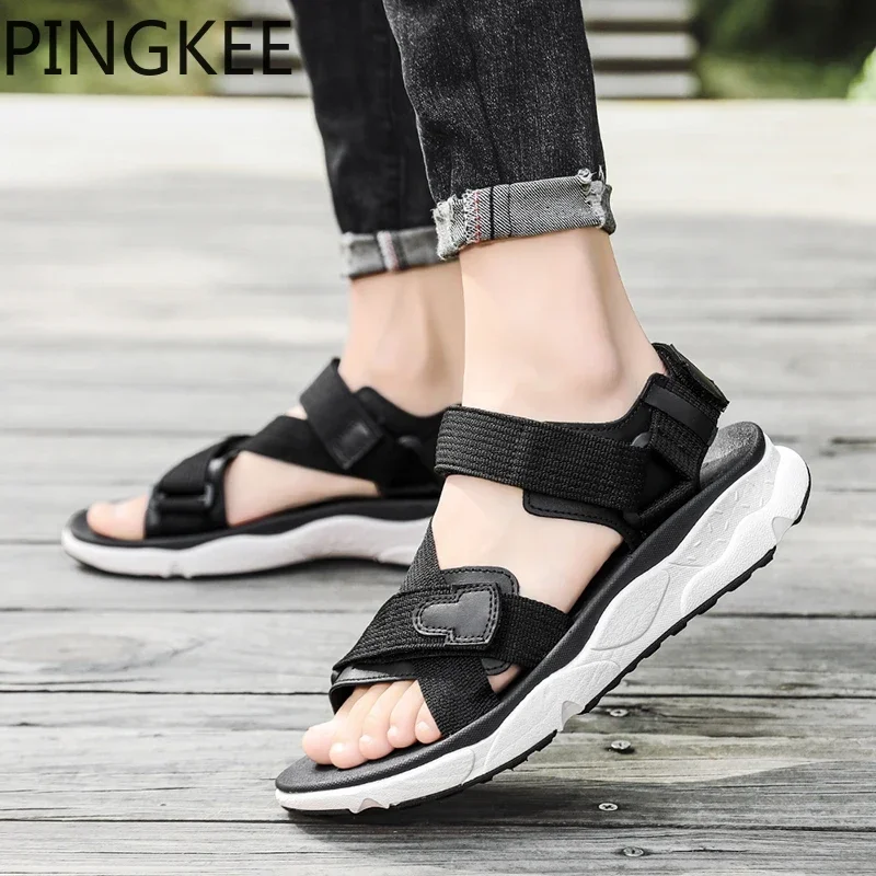 

PINGKEE Hook Loop Fabric Upper Adjustable Casual Round Open Toe Beach Sandals Slip on Leather Male Sandal Summer Men's Shoes