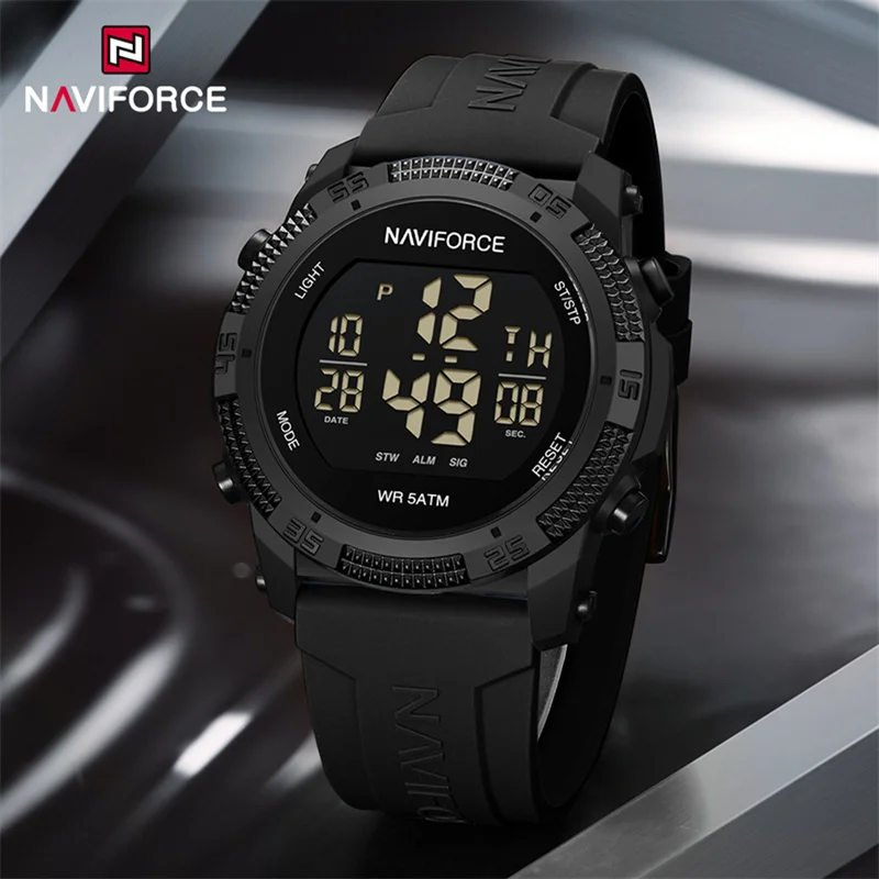 

NAVIFORCE Men's LCD Digital Watch Fashion Casual Date and Week Alarm Clock Waterproof Silicone Strap Electronic Wristwatch 2024