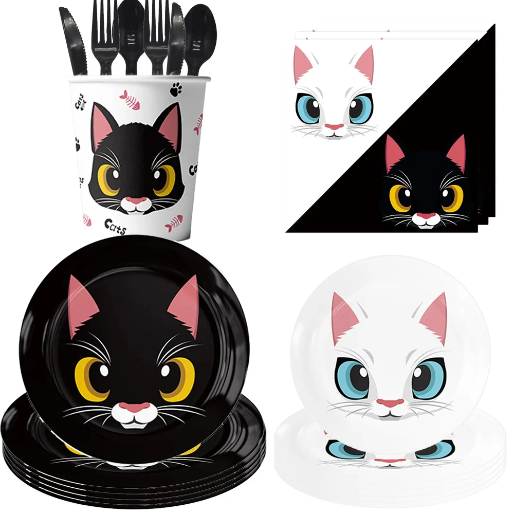 

Набор одноразовой посуды в виде кошки, черные, белые чашки, тарелки, салфетки, украшения для дня рождения, праздничные душевые принадлежности для котят