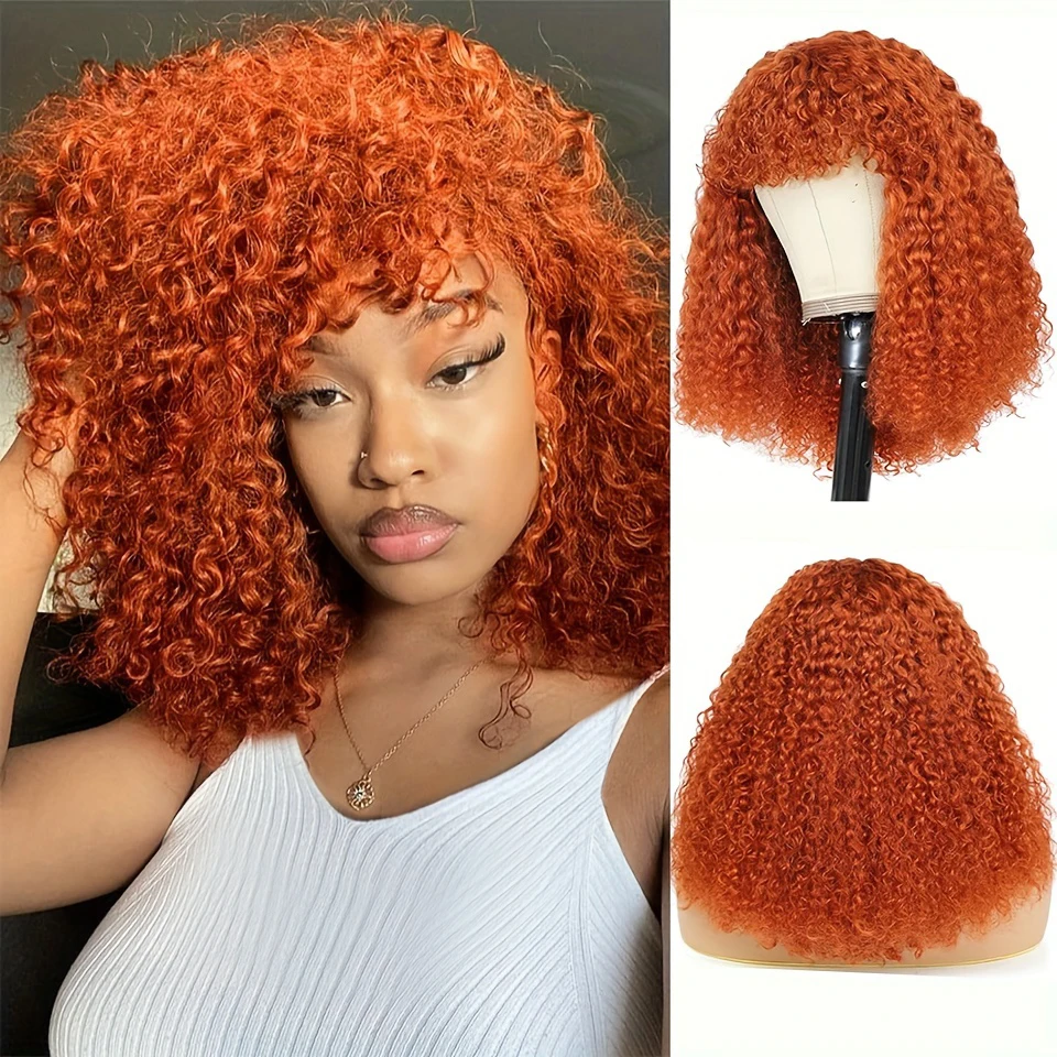 

Ginger Jerry Curly Short Pixie Bob Cut Remy Human Hair Wigs With Bangs Honey Blonde Orange Non lace front Wigs For Black Women