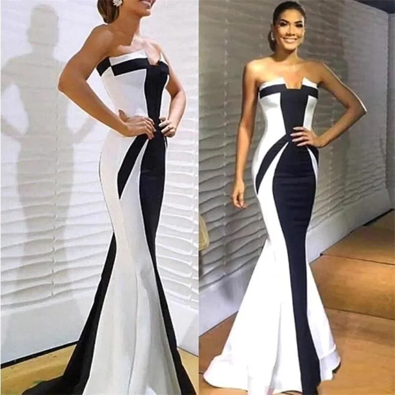 

Elegant Black and White Satin Mermaid Prom Dress Sexy Strapless Ruched Long Evening Dress Floor-Length Robe De Soiree