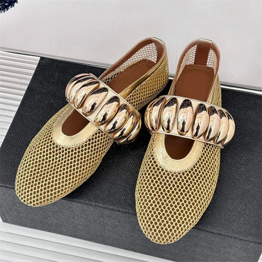 

Gold Hollow Out Women Ballet Flats Mesh Walking Loafers Ladies Mary Janes Elastic Band Flat Shoes Espadrilles Summer Sandals