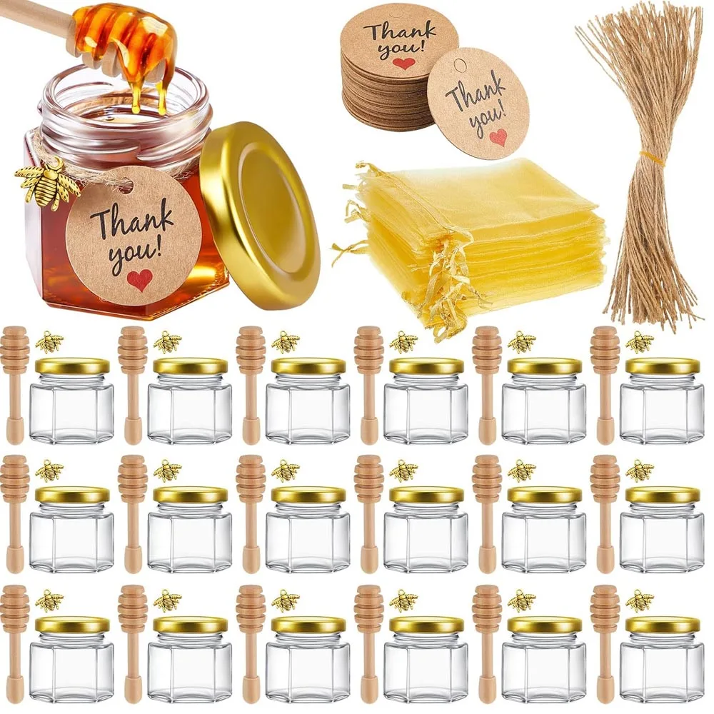 

Mini Honey Jars With Honey Dipper, Gold Lid, Bee Pendants, Gift Bags and Jutes - Perfect For Baby Shower Favors & Wedding Favor