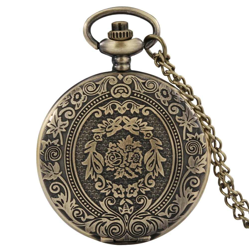 

Bronze Vintage Flowers Watch Case Quartz Analog Necklace Watch Men Women Arabic Numerals Dial Retro Pendant Pocket Clock Gifts