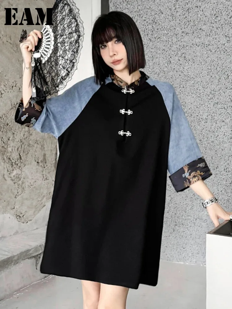 

[EAM] Women Black Denim Color-block Big Size Mini Dress New Stand Collar Three-quarter Sleeve Fashion Spring Autumn 2024 1DH5134
