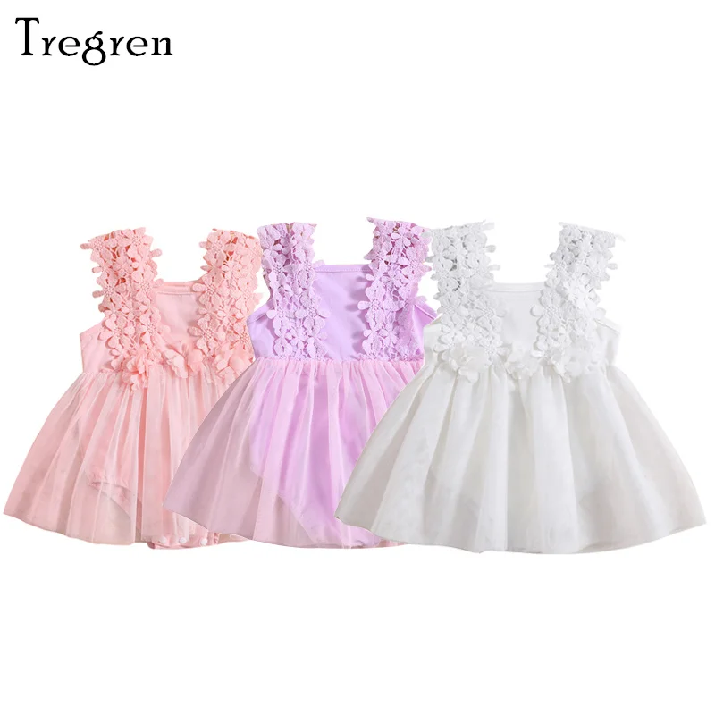 

Tregren 0-24M Cute Infant Baby Girls Romper Dress Lace Flower Sleeveless Mesh Tulle Skirt Hem Jumpsuits Summer Casual Bodysuits