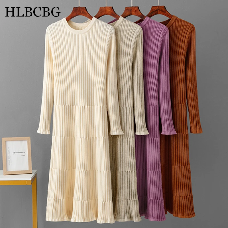 

HLBCBG Pure Color Thick Warm Autumn Winter Aline Sweaters Dresses Women Loose O neck splice sweater midi dress female knit dress