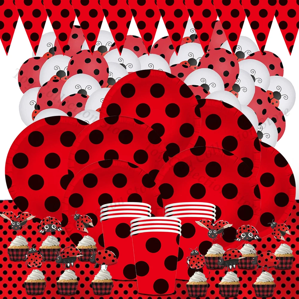 

Ladybug Cartoon Birthday Supplies Red Black Polka Dot Children Party Decoration Paper Tableware Plate Latex Ballon Festivel Gift