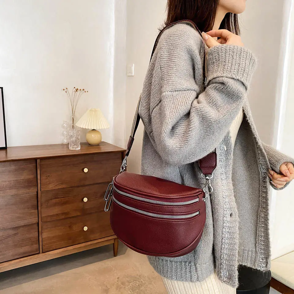 

High Quality Women Crossbody Fashion Shoulder Bag Wide Strap Soft Leather Female Messenger Bag for Ladies Semicircle Saddle Bags
