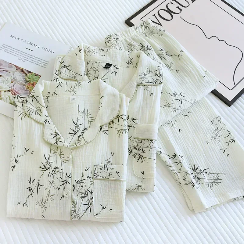 

Washed Women Loungewear Printing Crepe cotton Japanese Long-sleeved And Cute Men Bamboo Suit Pajamas Gauze Couples