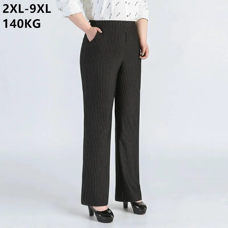 

Straight Stripes Black Office Dress Pants Women Plus Size 9XL 8XL 7XL 6XL 5XL High Waisted 140KG Wide Leg Lady Formal Trousers