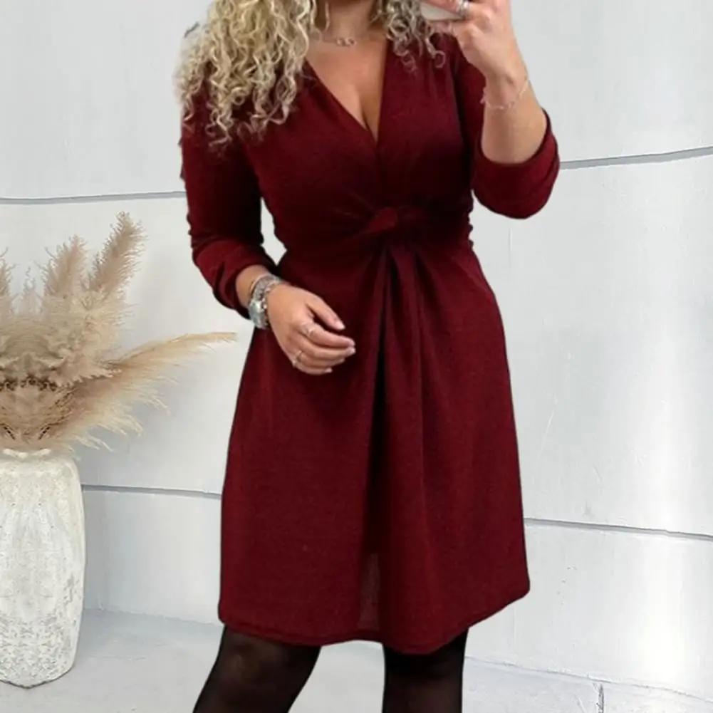 

Slimming Dress Elegant V-neck Spring Dress with Long Sleeves Twist Knot Detail Women's Solid Color High Waist Midi for Commute