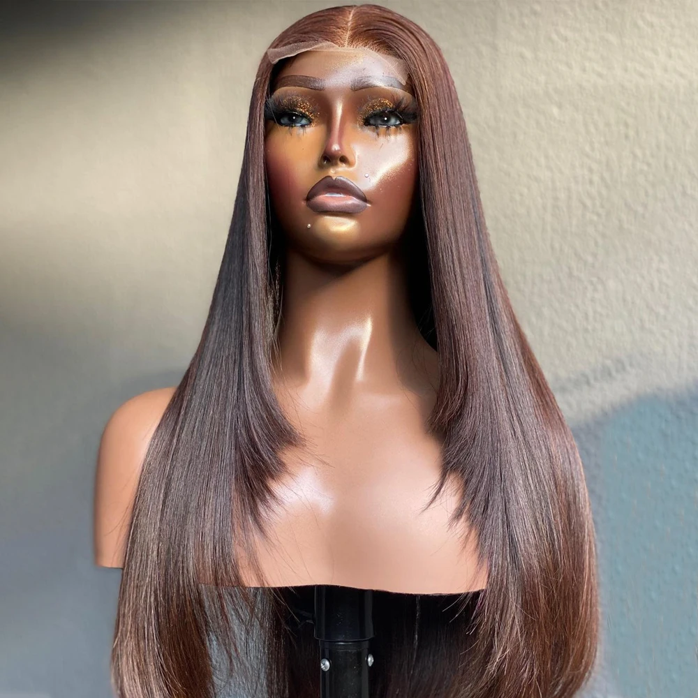 

Chocolate Brown Layered Cut Straight Lace Front Wig Synthetic Pre Plucked with Baby Hair For Women Reddish Brown Lace Frontal Wi