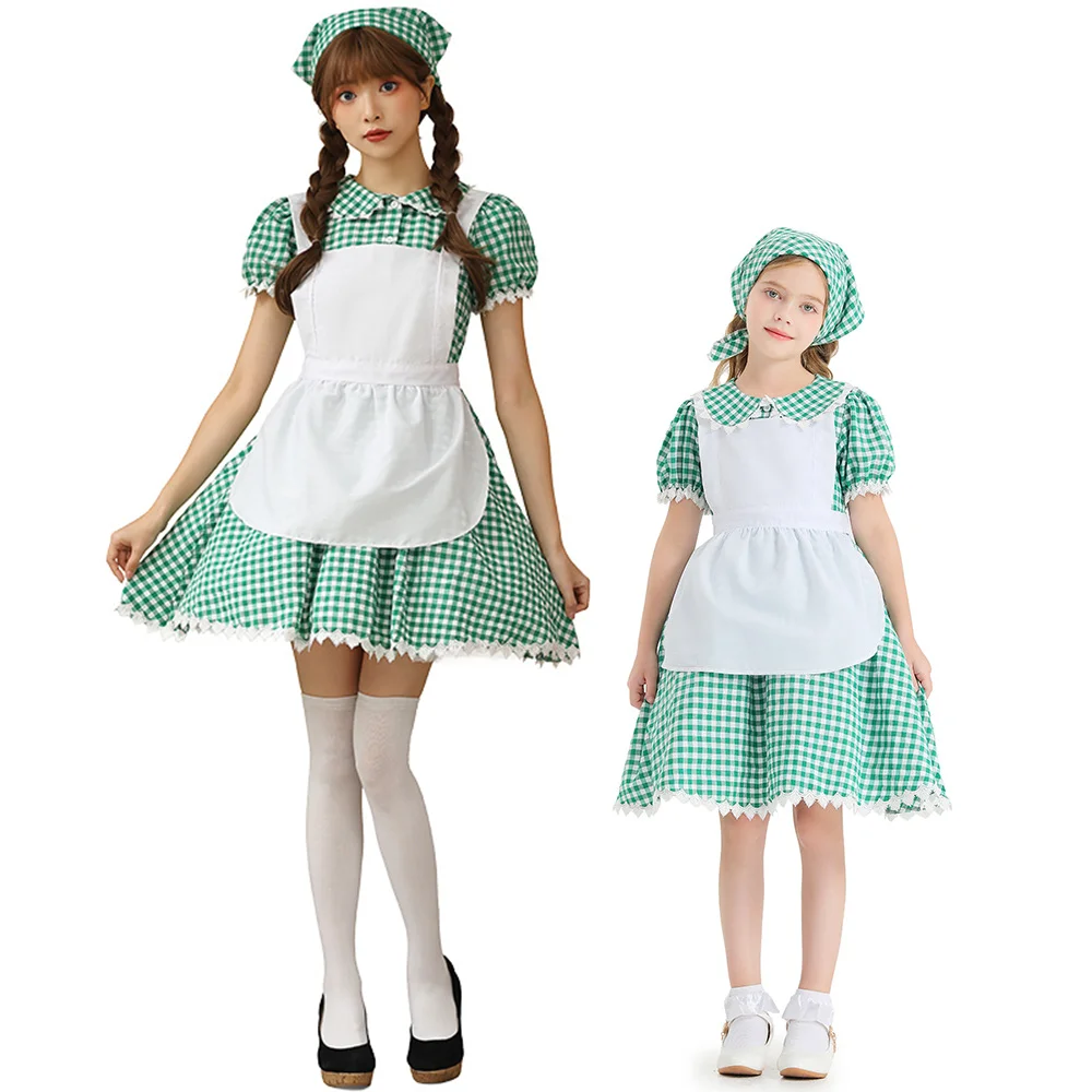 

Pastoral Style Alice Maid Cosplay Dress Women & Kids Girl Sweet Cute Green Lattice Farm Dress Halloween Party Stage Show Costume