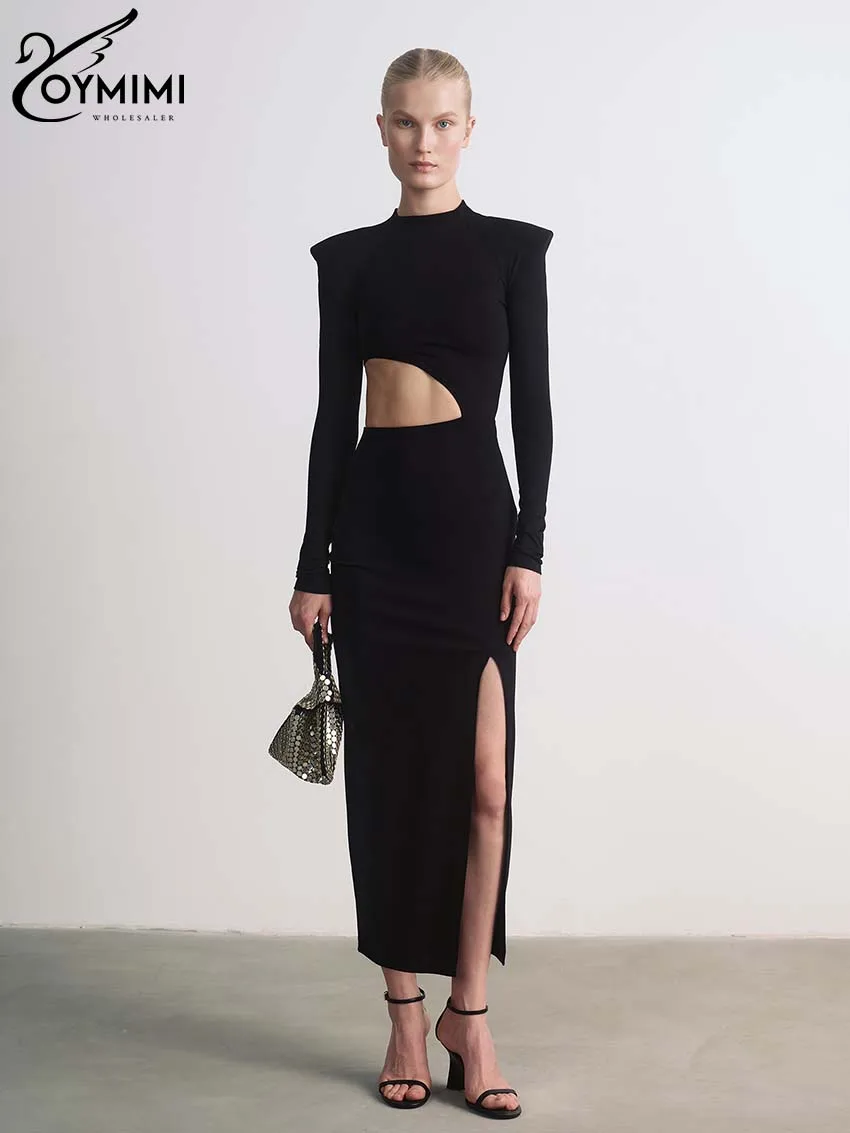 

Oymimi Elegant Black Hollow Out Womens Dresses Fashion O-Neck Slim Long Sleeve Dresses Casual Side Slit Mid-Calf Dress Female