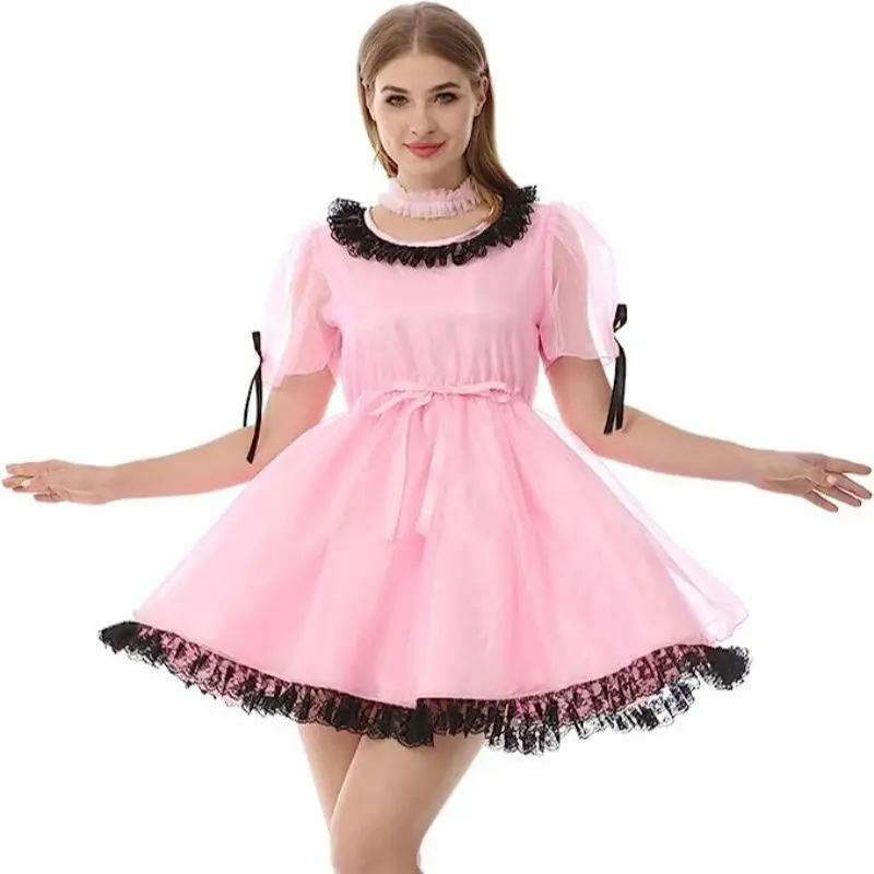 

Adult Giant Baby Sexy Girl Pink Thin Satin Sissy Dress Organza Short Sleeves Black Lace Trimmed Maid Role Play Customization