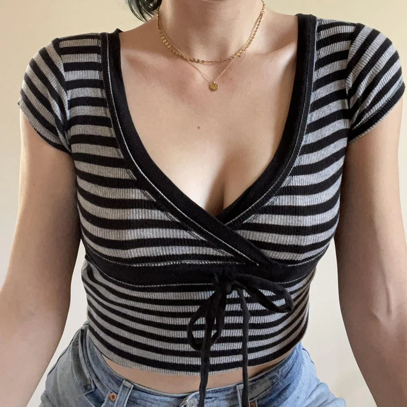 

Dourbesty Vintage Ribbed Stripes Crop Top y2k 2000s Women V Neck Short Sleeve T Shirt Aesthetic Goth Mall Fairy Grunge Clothes