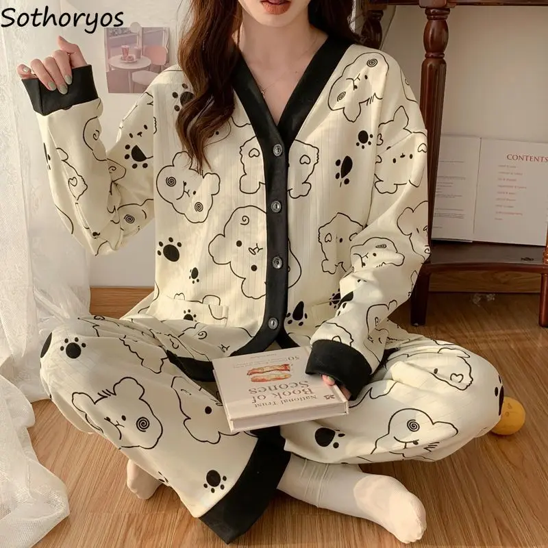 

Пижамные комплекты, женская одежда для сна, теплая Милая шикарная осенняя одежда с нежным принтом, уютная универсальная Студенческая домашняя творческая одежда в Корейском стиле