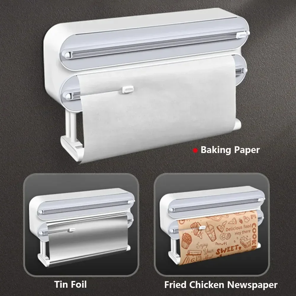 

Кухонный самоинструмент для выпечки, пищевая и фольга 3 в 1, пластиковая пленка, алюминиевая пленка, магнитный резак для бумаги, клейкий диспенсер