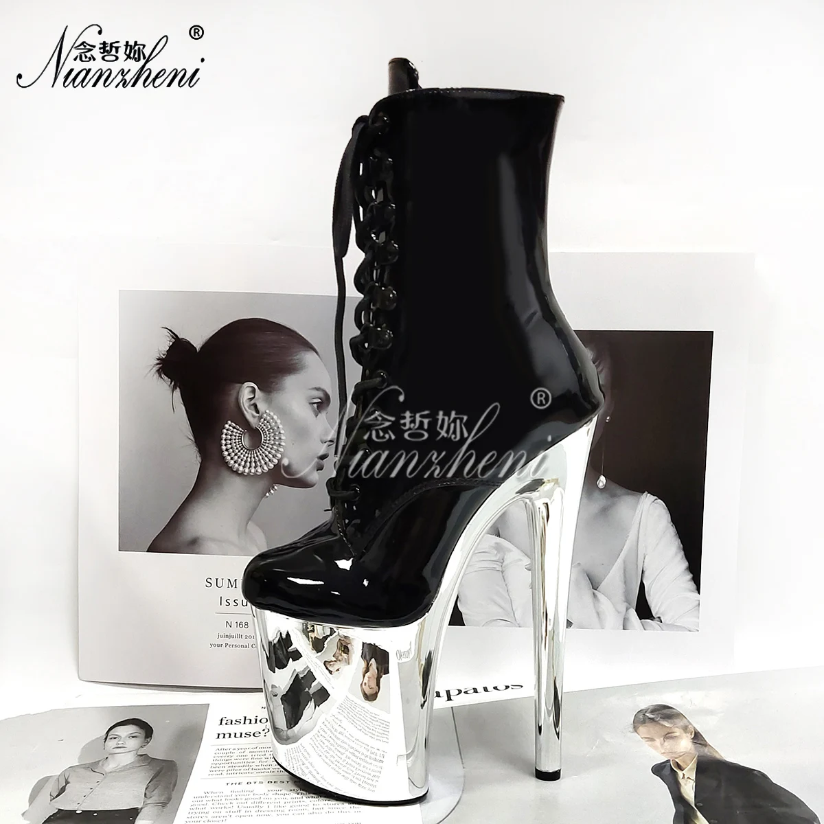 

Platform Women Shoes 20cm Exotic Pole Dance 8Inch Silver Stripper Black Shiny Ankle Boots Sexy Fetish Round Toe High Thin Heels