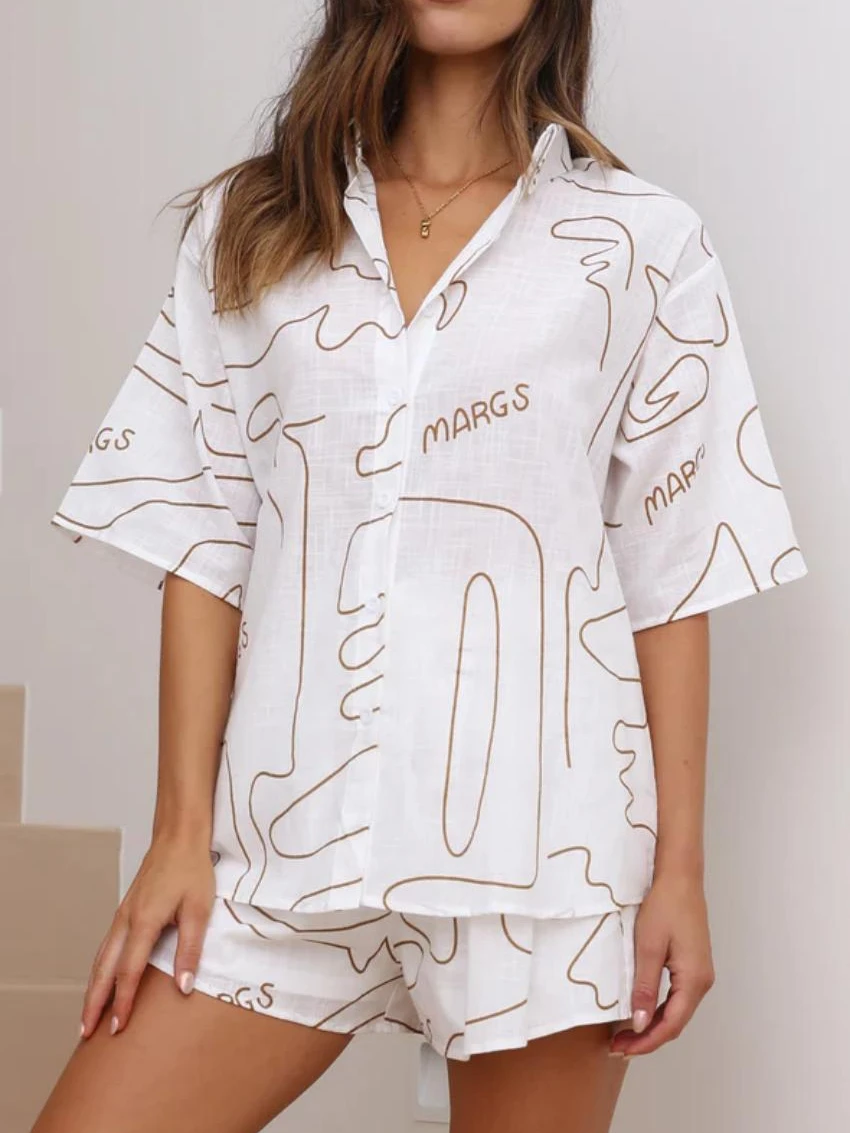 Casual Shorts Sets Women Elegant Abstract Painting 2 Pieces Sets Cotton Cozy Lapel Short Sleeve Shirt Summer Outfit Shorts Suits
Casual Shorts Sets Women Elegant Abstract Painting 2 Pieces Sets Cotton Cozy Lapel Short Sleeve Shirt Summer Outfit Shorts Suits